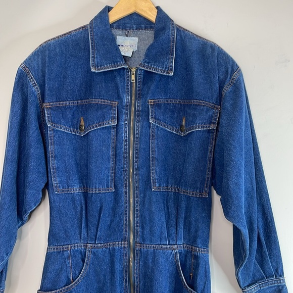Vintage 80’s Impromptu Denim Zip-Up Dress Blue Dark Wash Padded Shoulders M - Picture 3 of 12